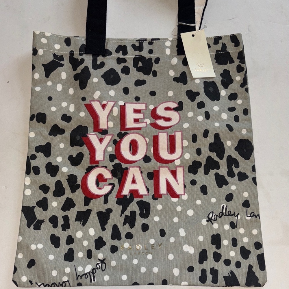RADLEY OF LONDON GRAY CANVAS TOTE WITH “YES YOU CAN” PRINTED ON FRONT NWTS